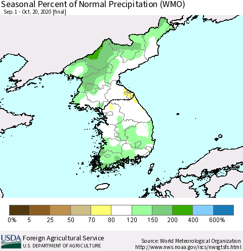 Korea Seasonal Percent of Normal Precipitation (WMO) Thematic Map For 9/1/2020 - 10/20/2020