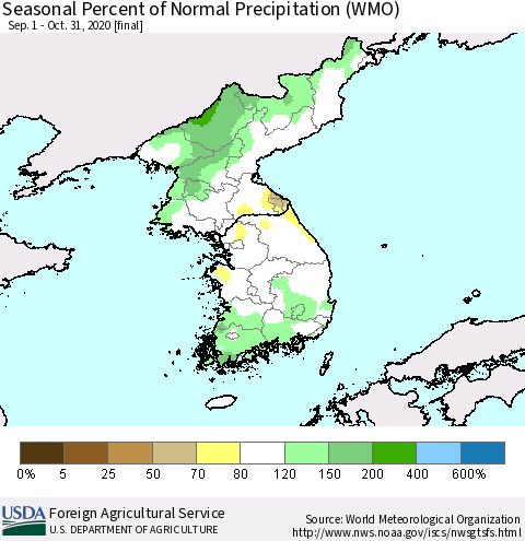 Korea Seasonal Percent of Normal Precipitation (WMO) Thematic Map For 9/1/2020 - 10/31/2020