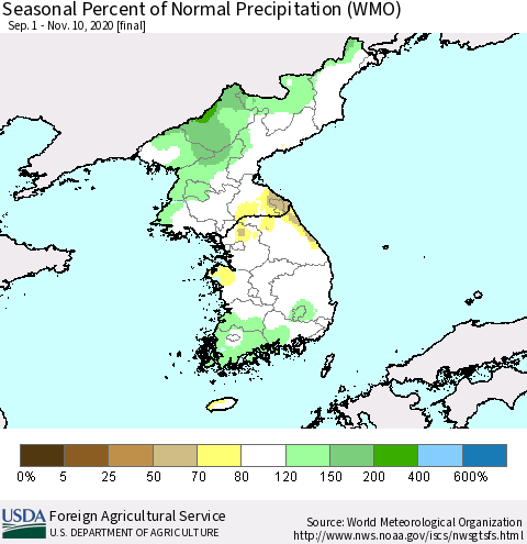 Korea Seasonal Percent of Normal Precipitation (WMO) Thematic Map For 9/1/2020 - 11/10/2020