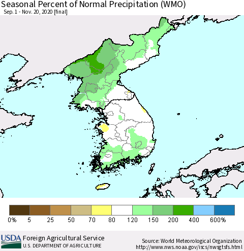 Korea Seasonal Percent of Normal Precipitation (WMO) Thematic Map For 9/1/2020 - 11/20/2020