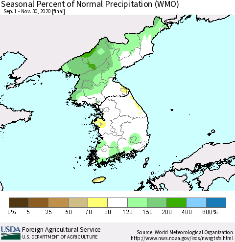 Korea Seasonal Percent of Normal Precipitation (WMO) Thematic Map For 9/1/2020 - 11/30/2020
