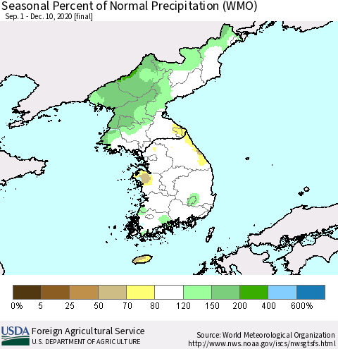 Korea Seasonal Percent of Normal Precipitation (WMO) Thematic Map For 9/1/2020 - 12/10/2020