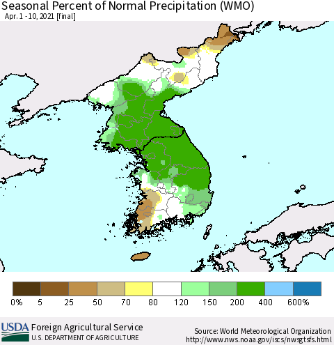 Korea Seasonal Percent of Normal Precipitation (WMO) Thematic Map For 4/1/2021 - 4/10/2021