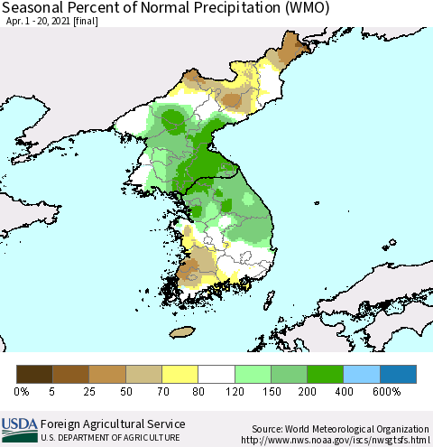 Korea Seasonal Percent of Normal Precipitation (WMO) Thematic Map For 4/1/2021 - 4/20/2021