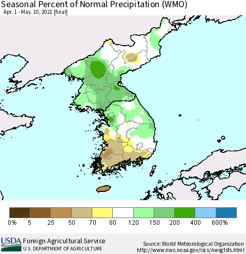 Korea Seasonal Percent of Normal Precipitation (WMO) Thematic Map For 4/1/2021 - 5/10/2021