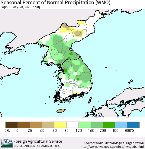Korea Seasonal Percent of Normal Precipitation (WMO) Thematic Map For 4/1/2021 - 5/20/2021