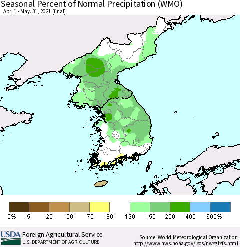 Korea Seasonal Percent of Normal Precipitation (WMO) Thematic Map For 4/1/2021 - 5/31/2021