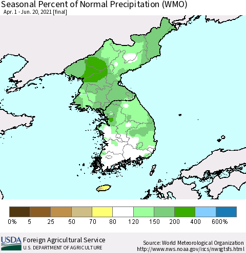 Korea Seasonal Percent of Normal Precipitation (WMO) Thematic Map For 4/1/2021 - 6/20/2021