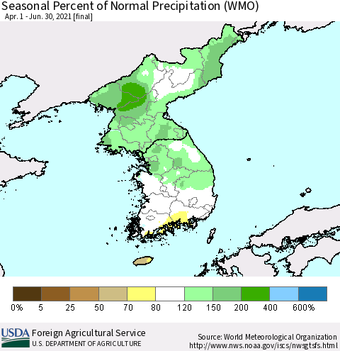 Korea Seasonal Percent of Normal Precipitation (WMO) Thematic Map For 4/1/2021 - 6/30/2021