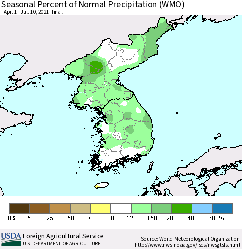 Korea Seasonal Percent of Normal Precipitation (WMO) Thematic Map For 4/1/2021 - 7/10/2021
