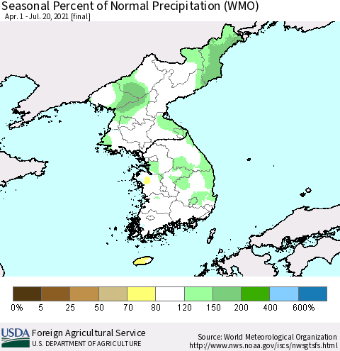 Korea Seasonal Percent of Normal Precipitation (WMO) Thematic Map For 4/1/2021 - 7/20/2021