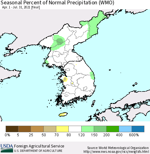 Korea Seasonal Percent of Normal Precipitation (WMO) Thematic Map For 4/1/2021 - 7/31/2021