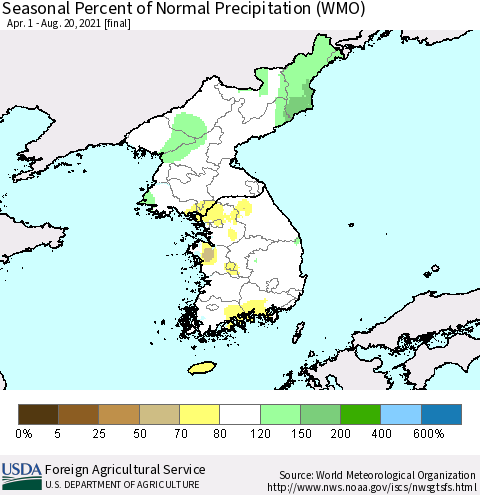 Korea Seasonal Percent of Normal Precipitation (WMO) Thematic Map For 4/1/2021 - 8/20/2021