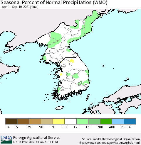 Korea Seasonal Percent of Normal Precipitation (WMO) Thematic Map For 4/1/2021 - 9/10/2021