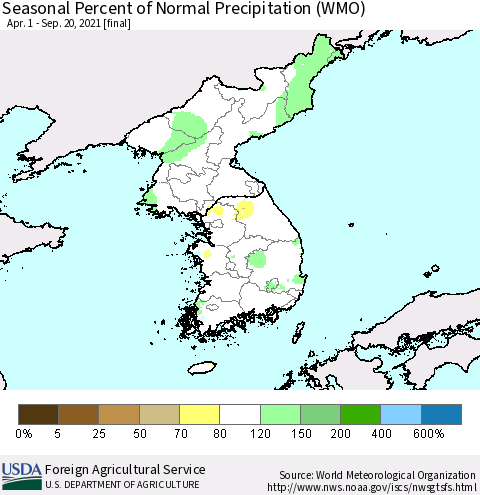 Korea Seasonal Percent of Normal Precipitation (WMO) Thematic Map For 4/1/2021 - 9/20/2021