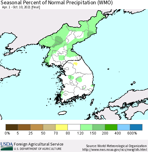 Korea Seasonal Percent of Normal Precipitation (WMO) Thematic Map For 4/1/2021 - 10/10/2021