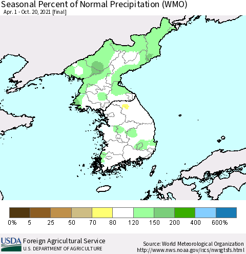 Korea Seasonal Percent of Normal Precipitation (WMO) Thematic Map For 4/1/2021 - 10/20/2021