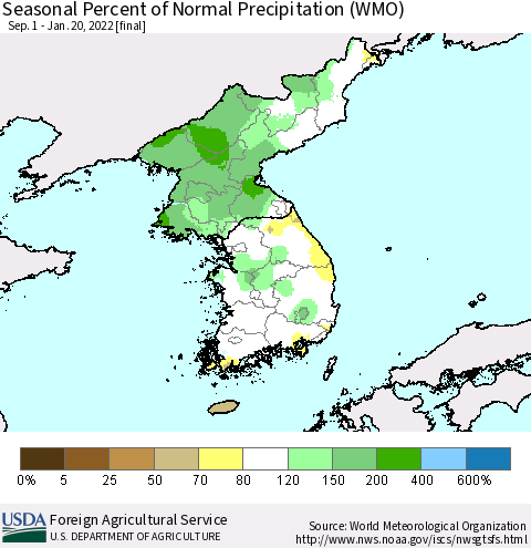 Korea Seasonal Percent of Normal Precipitation (WMO) Thematic Map For 9/1/2021 - 1/20/2022