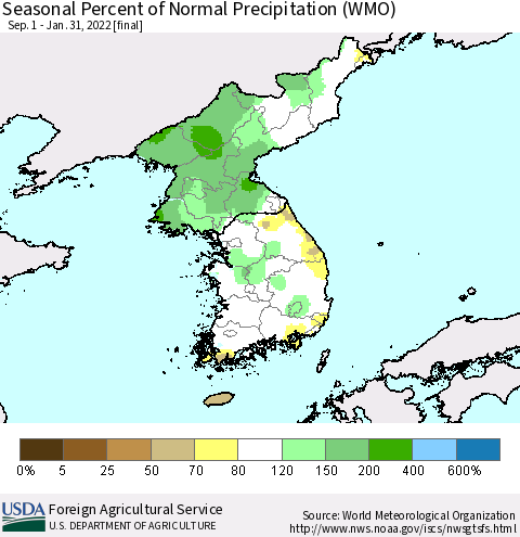Korea Seasonal Percent of Normal Precipitation (WMO) Thematic Map For 9/1/2021 - 1/31/2022