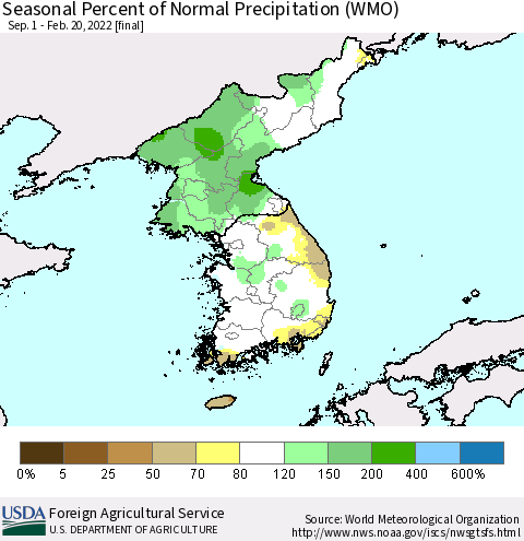 Korea Seasonal Percent of Normal Precipitation (WMO) Thematic Map For 9/1/2021 - 2/20/2022