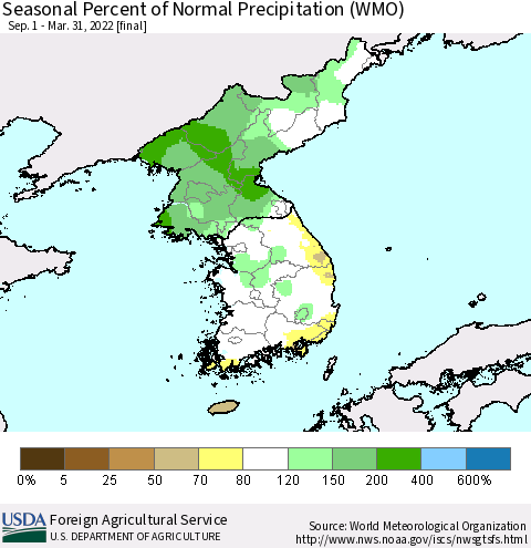Korea Seasonal Percent of Normal Precipitation (WMO) Thematic Map For 9/1/2021 - 3/31/2022