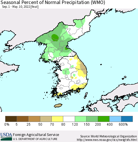 Korea Seasonal Percent of Normal Precipitation (WMO) Thematic Map For 9/1/2021 - 5/10/2022