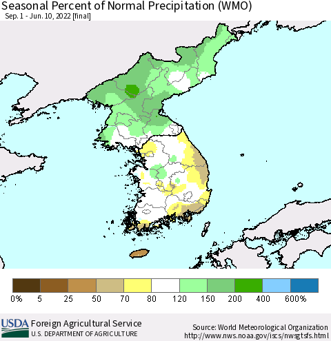 Korea Seasonal Percent of Normal Precipitation (WMO) Thematic Map For 9/1/2021 - 6/10/2022
