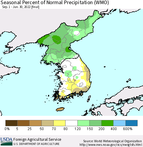 Korea Seasonal Percent of Normal Precipitation (WMO) Thematic Map For 9/1/2021 - 6/30/2022