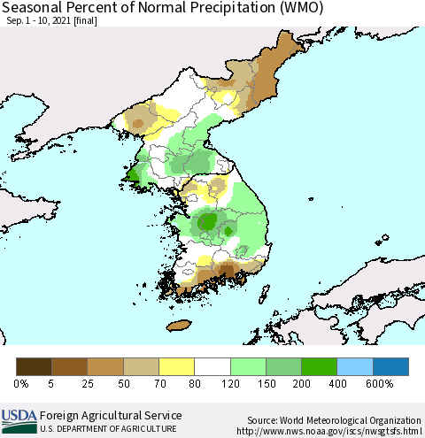 Korea Seasonal Percent of Normal Precipitation (WMO) Thematic Map For 9/1/2021 - 9/10/2021