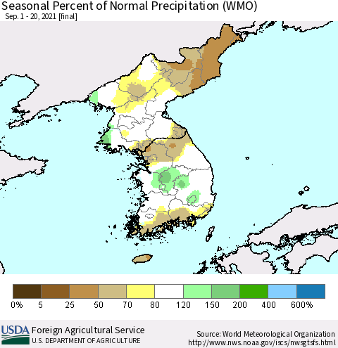 Korea Seasonal Percent of Normal Precipitation (WMO) Thematic Map For 9/1/2021 - 9/20/2021