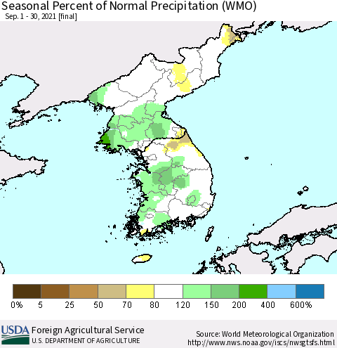 Korea Seasonal Percent of Normal Precipitation (WMO) Thematic Map For 9/1/2021 - 9/30/2021
