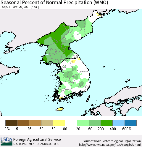 Korea Seasonal Percent of Normal Precipitation (WMO) Thematic Map For 9/1/2021 - 10/20/2021