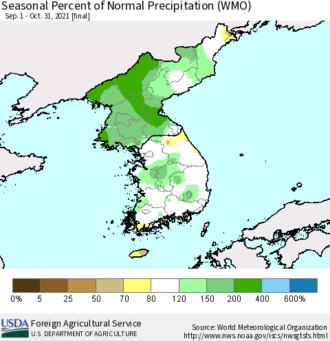 Korea Seasonal Percent of Normal Precipitation (WMO) Thematic Map For 9/1/2021 - 10/31/2021