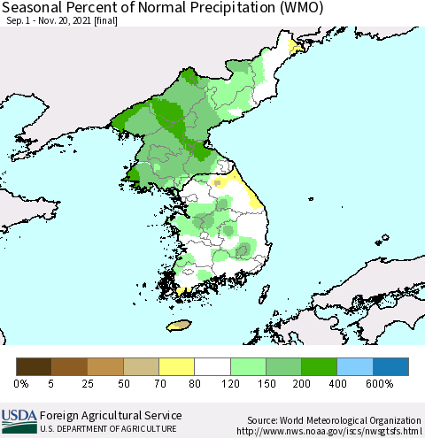 Korea Seasonal Percent of Normal Precipitation (WMO) Thematic Map For 9/1/2021 - 11/20/2021