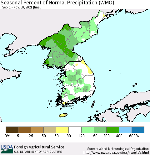 Korea Seasonal Percent of Normal Precipitation (WMO) Thematic Map For 9/1/2021 - 11/30/2021