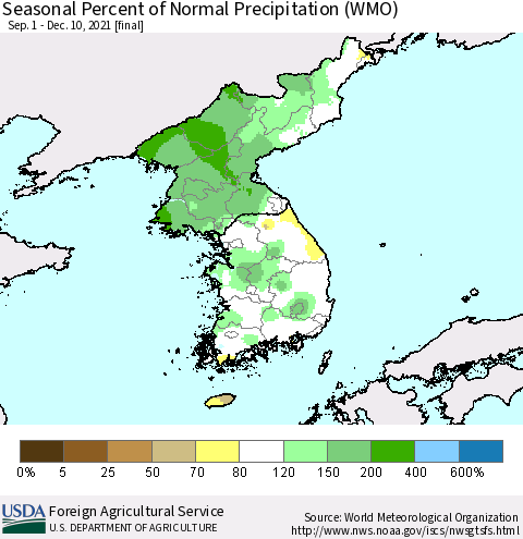 Korea Seasonal Percent of Normal Precipitation (WMO) Thematic Map For 9/1/2021 - 12/10/2021