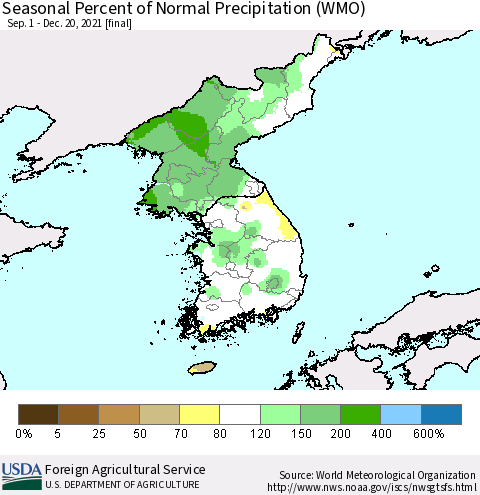 Korea Seasonal Percent of Normal Precipitation (WMO) Thematic Map For 9/1/2021 - 12/20/2021