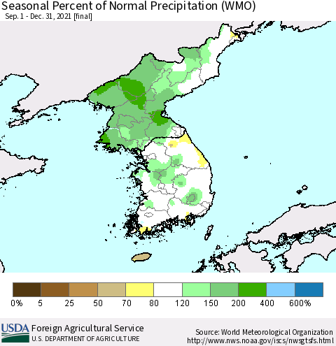 Korea Seasonal Percent of Normal Precipitation (WMO) Thematic Map For 9/1/2021 - 12/31/2021