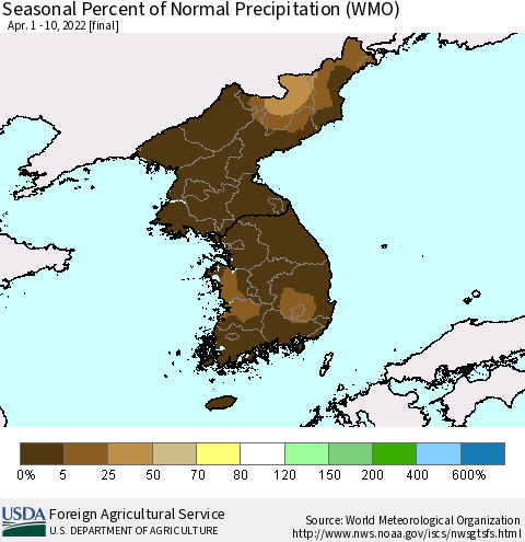 Korea Seasonal Percent of Normal Precipitation (WMO) Thematic Map For 4/1/2022 - 4/10/2022