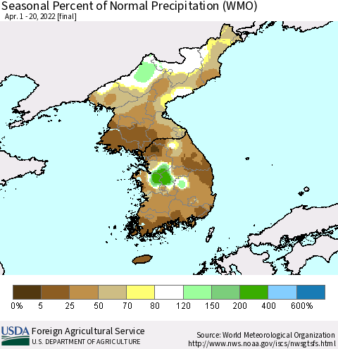 Korea Seasonal Percent of Normal Precipitation (WMO) Thematic Map For 4/1/2022 - 4/20/2022