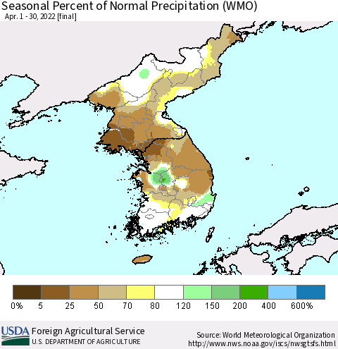 Korea Seasonal Percent of Normal Precipitation (WMO) Thematic Map For 4/1/2022 - 4/30/2022