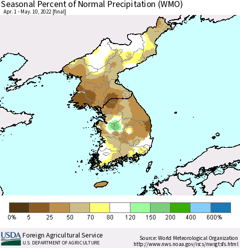 Korea Seasonal Percent of Normal Precipitation (WMO) Thematic Map For 4/1/2022 - 5/10/2022
