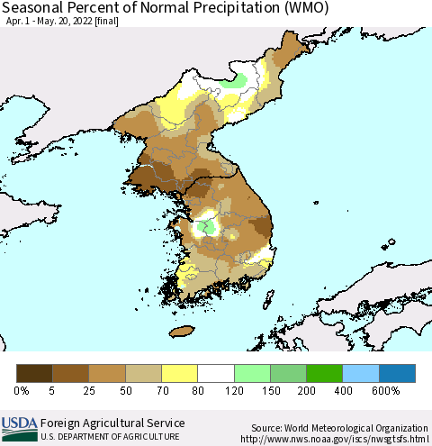 Korea Seasonal Percent of Normal Precipitation (WMO) Thematic Map For 4/1/2022 - 5/20/2022