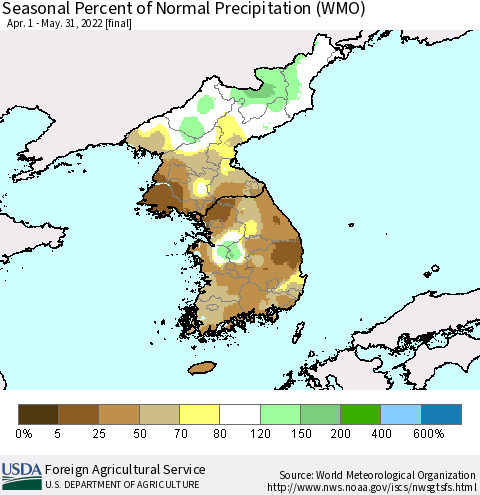 Korea Seasonal Percent of Normal Precipitation (WMO) Thematic Map For 4/1/2022 - 5/31/2022