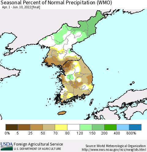Korea Seasonal Percent of Normal Precipitation (WMO) Thematic Map For 4/1/2022 - 6/10/2022