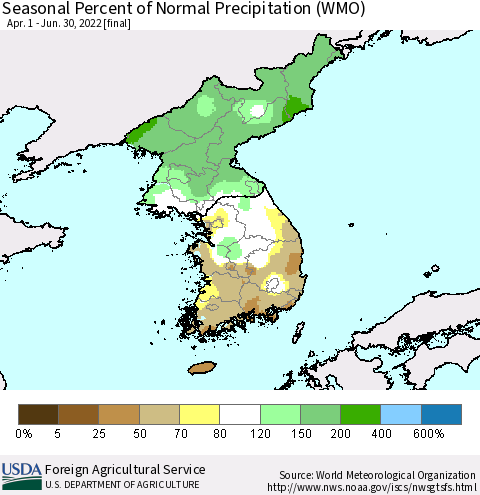 Korea Seasonal Percent of Normal Precipitation (WMO) Thematic Map For 4/1/2022 - 6/30/2022
