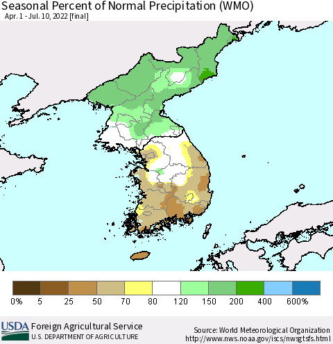 Korea Seasonal Percent of Normal Precipitation (WMO) Thematic Map For 4/1/2022 - 7/10/2022
