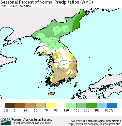 Korea Seasonal Percent of Normal Precipitation (WMO) Thematic Map For 4/1/2022 - 7/20/2022