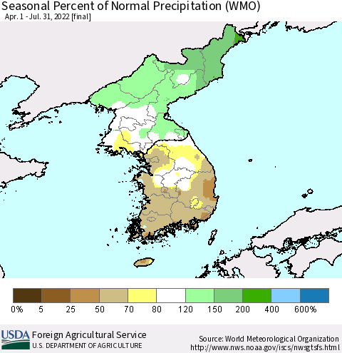 Korea Seasonal Percent of Normal Precipitation (WMO) Thematic Map For 4/1/2022 - 7/31/2022