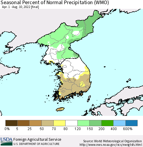 Korea Seasonal Percent of Normal Precipitation (WMO) Thematic Map For 4/1/2022 - 8/10/2022